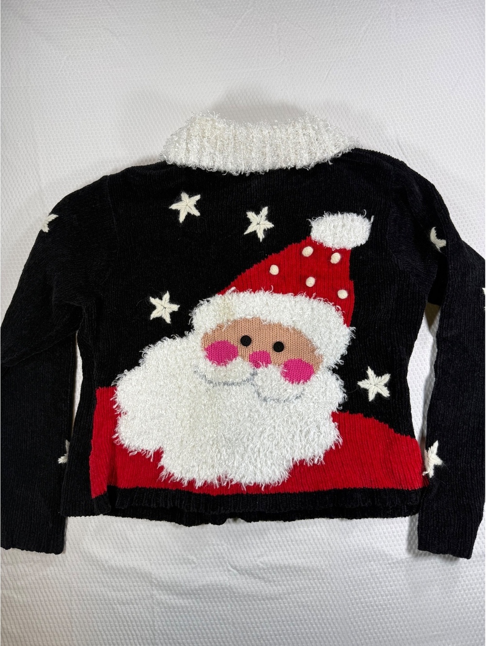 Vintage 90s BellePointe Santa Christmas Cardigan M Novelty Snowflake Fuzzy